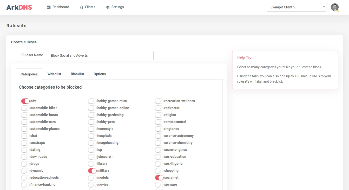 Creating a filtering ruleset in the ArkDNS dashboard, with dozens of content categories to block
