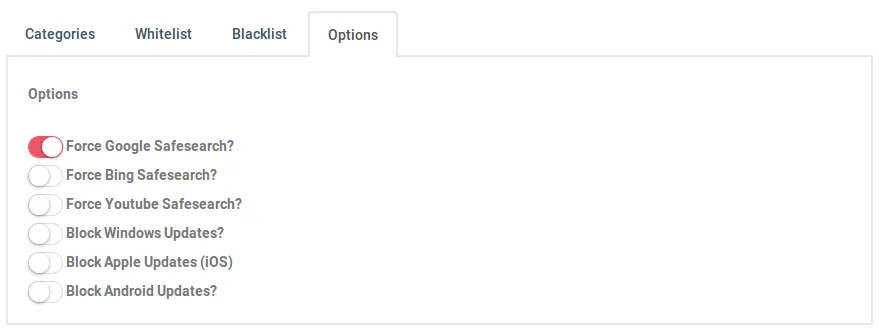 ArkDNS ruleset options, including forcing SafeSearch on Google, Bing and YouTube and blocking OS updates
