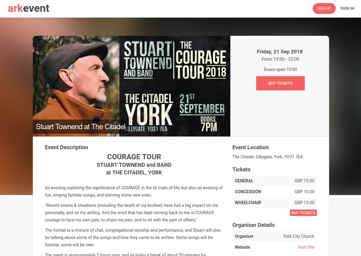 An event page on ArkEvent showing ticket types, prices and a buy-tickets checkout