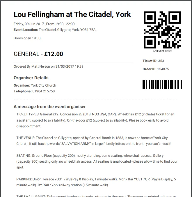 A printable ArkEvent ticket with QR code, barcode, ticket details and a message from the organiser